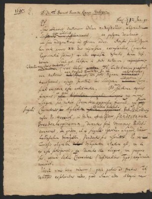 Anfang eines Briefes (Entwurf) von D. E. Jablonski an Thomas Burnet v. Kemney