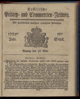 18tes Stueck, Montag den 5ten May. 1783