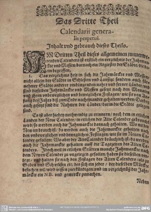 Das Dritte Theil. Calendarii generalis perpetui. : Inhalt und Gebrauch dieses Theils.