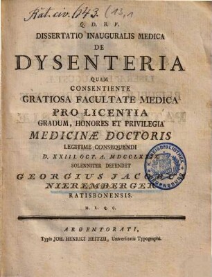 Dissertatio Inauguralis Medica De Dysenteria