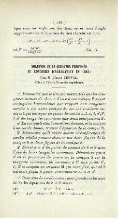 Solution de la question proposée au concours d'agrégation en 1887.