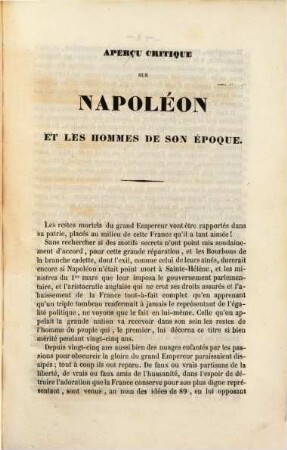 Aperçu critique sur Napoléon et sur les hommes de son époque : Renfermant une dissertation très étendue sur les causes de la défaite de Waterloo