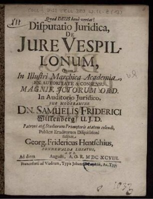 Disputatio Iuridica, De Iure Vespillonum