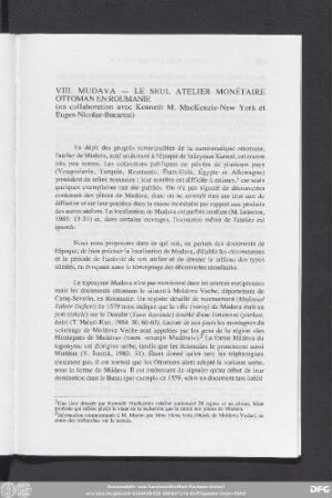 VIII. Mudava - Le Seul Atelier Monétaire Ottoman En Roumanie (en collaboration avec Kenneth M. MacKenzie-New York et Eugen Nicolae-Bucarest)