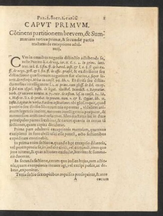 Caput Primum. Continens partitionem brevem, & Summariam totius primae, & secundae partis ...