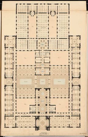 Landesbibliothek Berlin Schinkelwettbewerb 1875: Grundriss 1. Obergeschoss; Maßstabsleiste