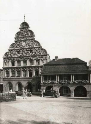 Stargard, Rathaus : Stargard (Stargard/Polen). Rathaus. Treppengiebel mit Maßwerk und Hauptwache