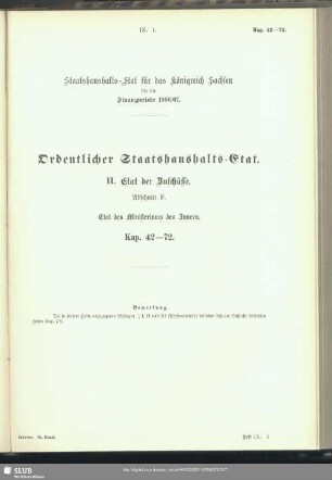 II. Etat der Zuschüsse. Abschnitt F. Etat des Ministeriums des Innern. Kap. 42-72