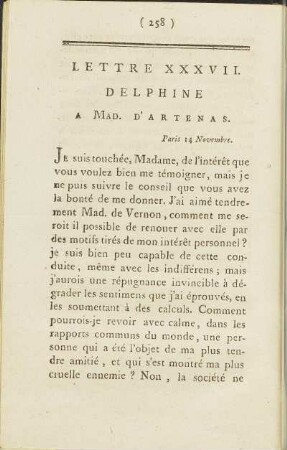 Lettre XXXVII. Delphine à Mad. d' Artenas, Paris 14 Novembre.