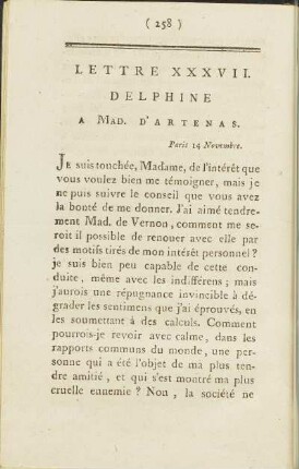 Lettre XXXVII. Delphine à Mad. d' Artenas, Paris 14 Novembre.