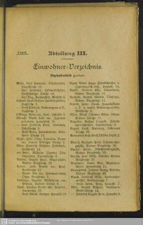 Abteilung III. Einwohnerverzeichnis : Abteilung III. Einwohner-Verzeichnis. Alphabetisch geordnet