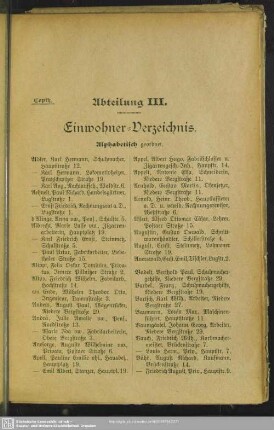 Abteilung III. Einwohnerverzeichnis : Abteilung III. Einwohner-Verzeichnis. Alphabetisch geordnet