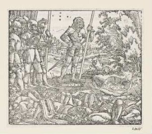Josua und seine Hauptmänner erblicken die Leichen der besiegten Könige, aus: Martin Luther, "Biblia: Das ist: Die gantze heilige Schrifft: Deudsch", Wittenberg 1561, S. 118 recto