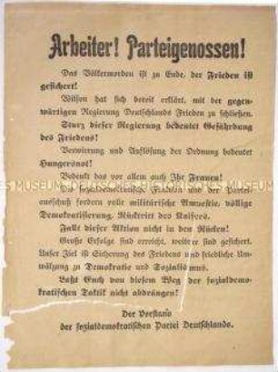 Flugblatt der Sozialdemokratischen Partei Deutschlands über die Zustimmung Woodrow Wilsons zum Friedensschluss mit der gegenwärtigen Regierung Deutschlands sowie Zielsetzungen und Bedingungen