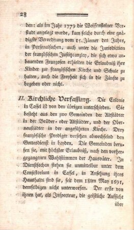 [Verfassung der casselischen Colonie.] II. Kirchliche Verfassung.