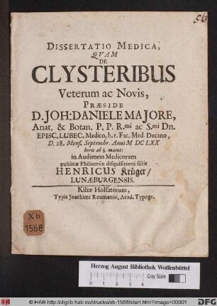 Dissertatio Medica, Quam De Clysteribus Veterum ac Novis