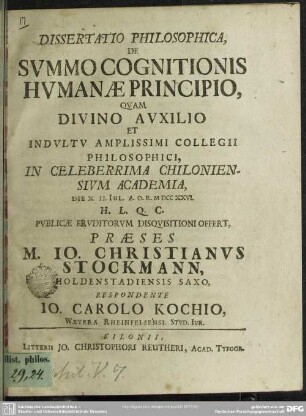 Dissertatio Philosophica, De Summo Cognitionis Humanae Principio