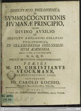 Dissertatio Philosophica, De Summo Cognitionis Humanae Principio