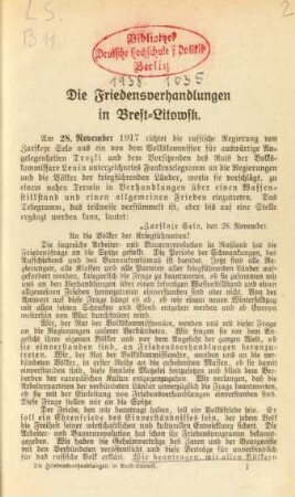 Bd. 7, Hälfte 2, Anhang: Die Friedensverhandlungen in Brest-Litowsk