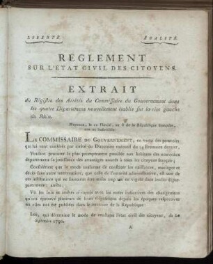 Règlement Sur L'État Civil Des Citoyens.
