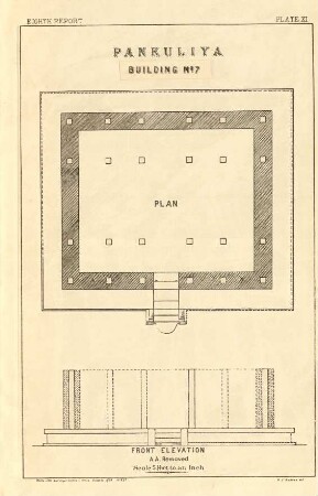 Plate XI. Pankuliya Building No. 7. Plan. Front elevation.