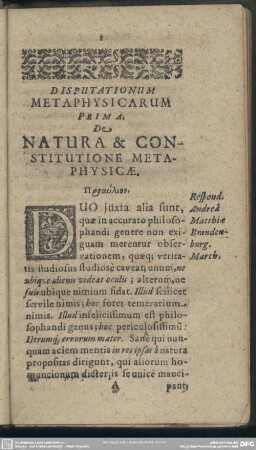[Metaphysicae Pars Prima & Generalis]