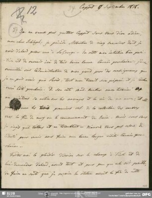 Eigenh. Brief von Auguste Louis de Staël-Holstein an August Wilhelm von Schlegel, Coppet, 09.09.1818