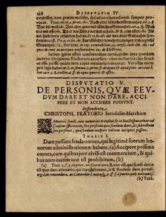 Disputatio V. De Personis, Quae Feudum Dare Et Non Dare, Accipere Et Non Accipere Possunt.