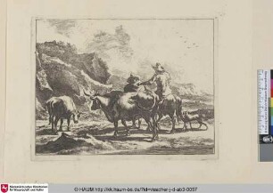 [Der Ochsenhirt auf dem Esel; Mounted herd chatting with a standing herd]