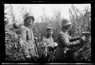 Bei Namur (Belgien): 2 Soldaten mit Stahlhelm an einem Funkgerät und ein Soldat mit Feldmütze und Schreibblock in einem Graben mit hohem Gras am Grabenrand (Seitansicht, Nahaufnahme)