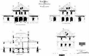 Schrozberg: Empfangsgebäude Verwaltungsgebäude Längsschnitt,Längs- u.Giebelansichten