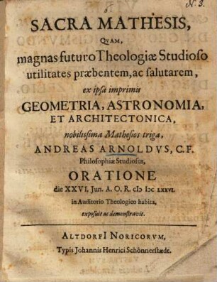 Sacra Mathesis : quam magnas futuro theologiae studioso utilitates praebentem ... demonstravit