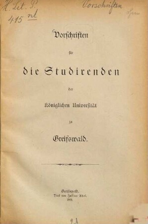Vorschriften für die Studierenden der Universität zu Greifswald. [2.] 1891
