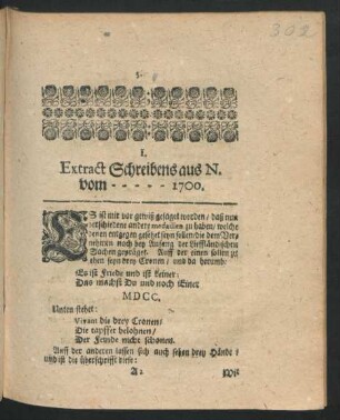 I. Extract Schreibens aus N. vom ... 1700.