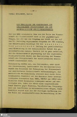 Die Entwicklung Der Wissenschaft Zur Unmittelbaren Produktivkraft Und Die Materialistische Geschichtsauffassung