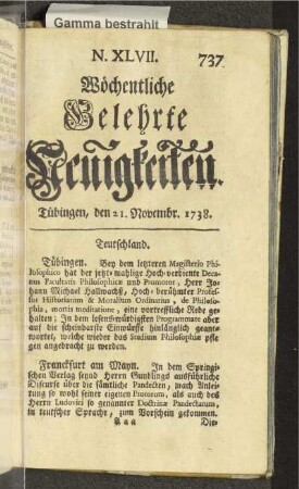 N. XLVII. Tübingen, den 21. Novembr. 1738