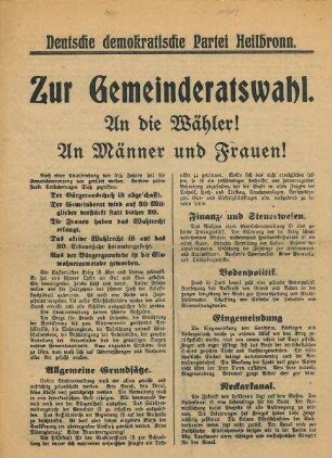 "Zur Gemeinderatswahl. An die Wähler! An Männer und Frauen!" Flugblatt der Deutschen Demokratischen Partei