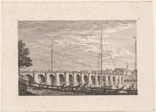 Die Elbbrücke (alte Augustusbrücke, 1727-31 von Pöppelmann) in Dresden, Blick nach Nordwesten auf die heutige Dresdener-Neustadt