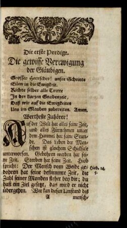 Die erste Predigt. Die gewisse Verewigung der Gläubigen
