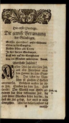 Die erste Predigt. Die gewisse Verewigung der Gläubigen