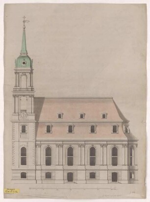 Zittau, Johanniskirche, Entwurf, Aufriss Turm und Langhaus