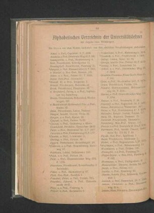 Alphabetisches Verzeichnis der Universitätslehrer mit Angabe ihrer Wohnungen.