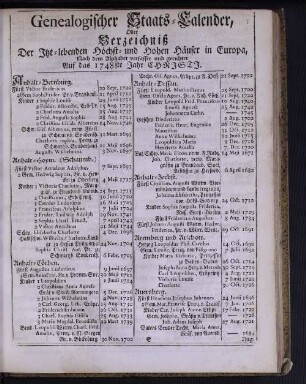 Genealogischer Staats-Calender, Oder Verzeichniß Der Itzt-lebenden Höchst- und Hohen Häuser in Europa ...