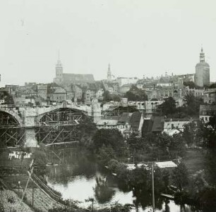 Bautzen, Altstadt mit der im Bau befindlichen Kronprinzenbrücke (Friedensbrücke), Ansicht von Südwesten