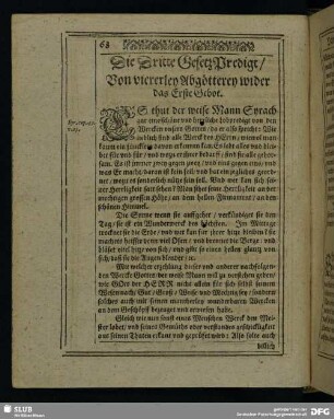 Die Dritte Gesetz Predigt, von viererley Abgötterey wider das Erste Gebot