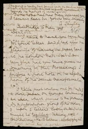 Nr. 1: Briefe von Arthur Cayley an Felix Klein, Cambridge, 15.5.1878