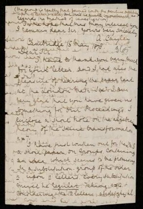 Nr. 1: Briefe von Arthur Cayley an Felix Klein, Cambridge, 15.5.1878