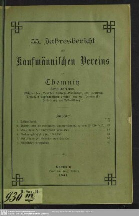 55.1900/01: Jahresbericht des Kaufmännischen Vereins zu Chemnitz