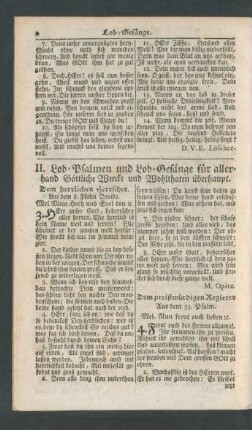 II. Lob-Psalmen und Lob-Gesänge für allerhand Göttliche Wercke und Wohlthaten überhaupt.