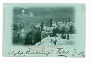 "Neckaransicht und Götzenturm" - "Prosit Neujahr" - Gesamtansicht, Blick vom Rosenberg auf Neckar, Eiserner Steg, Götzenturm, südwestliche Innenstadt im Schnee (Mondscheinkarte)